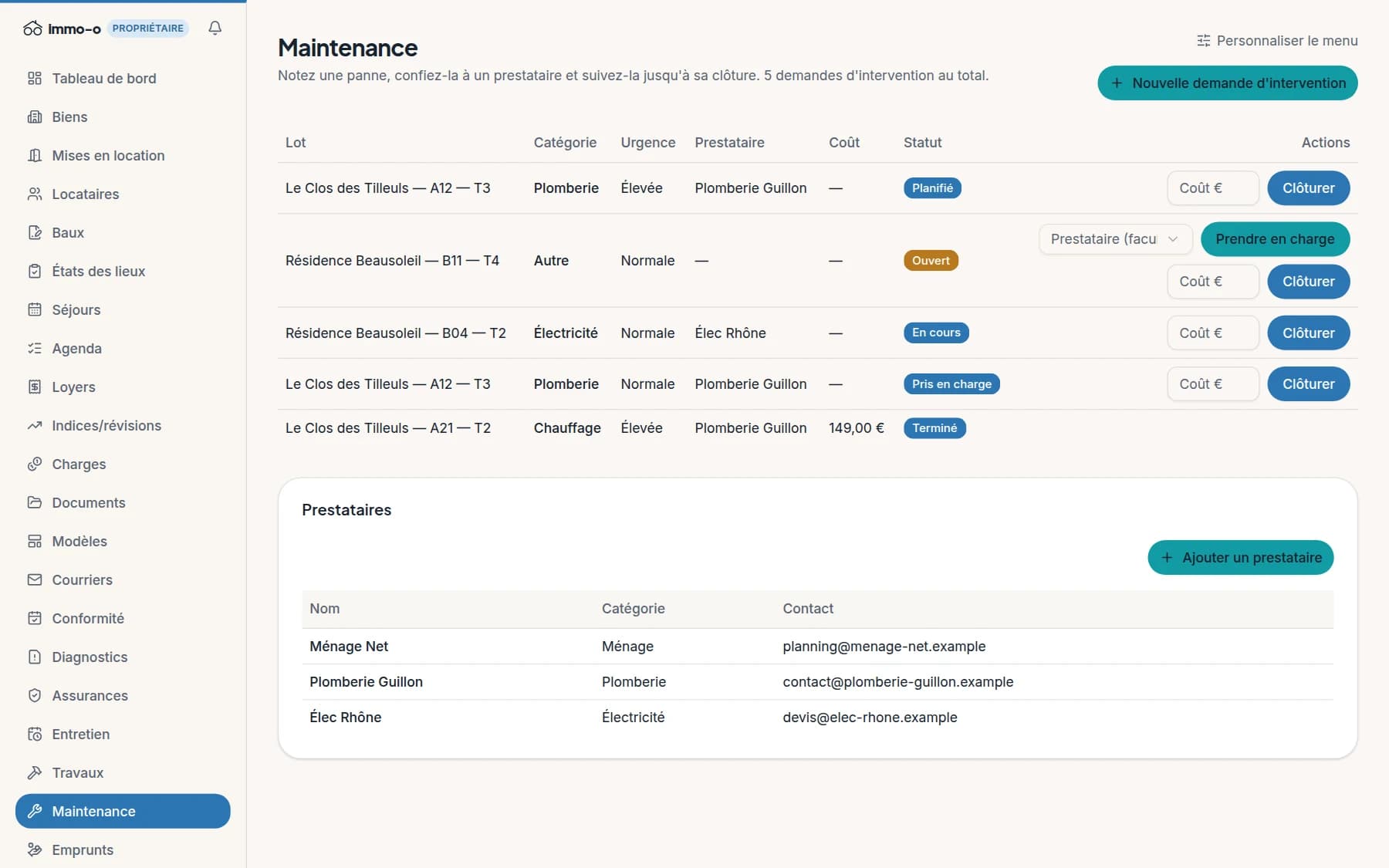 Écran Maintenance d'immo-o : demandes d'intervention par lot avec catégorie, urgence, prestataire assigné, coût et statut, carnet de prestataires