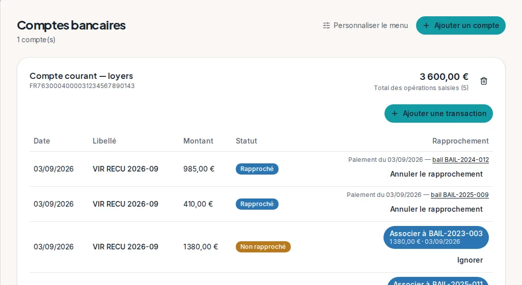 Un compte, ses mouvements, et les rapprochements proposés