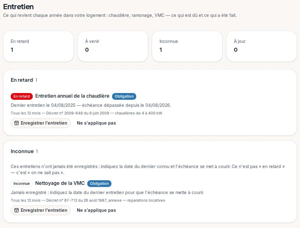 Les échéances d'entretien du logement habité : en retard, à venir, inconnues, à jour