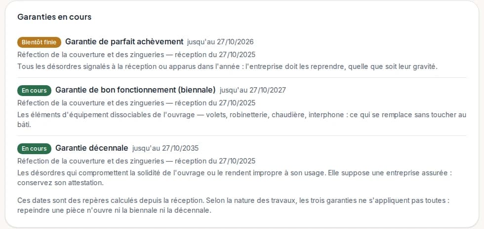 Les trois garanties d'un chantier reçu, et la date à laquelle chacune s'éteint