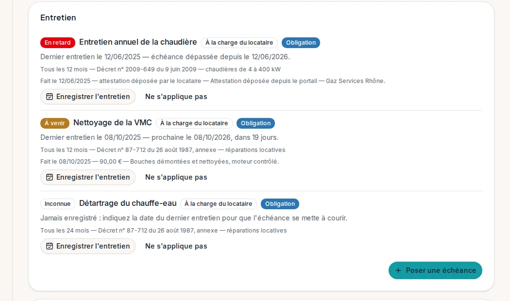 Le carnet d'entretien d'un lot et ses échéances