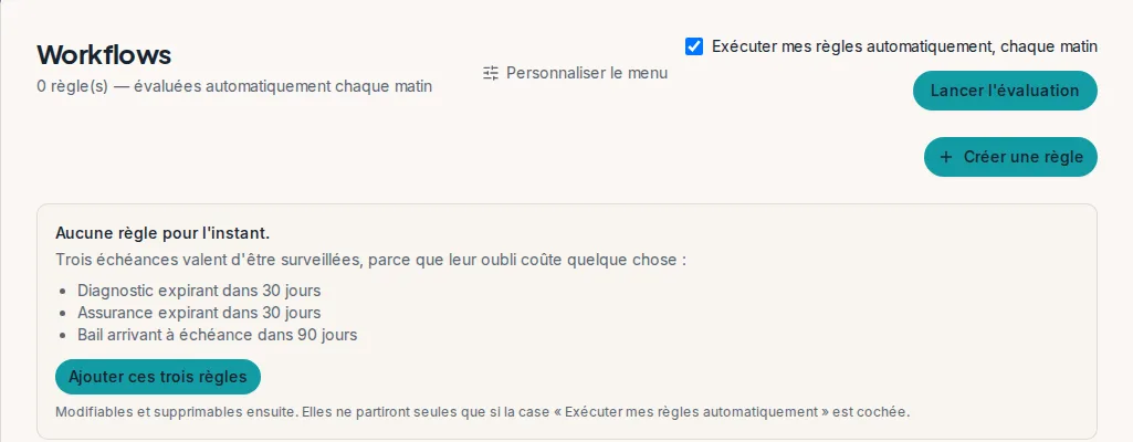 Les trois règles proposées, et la case qui commande leur exécution